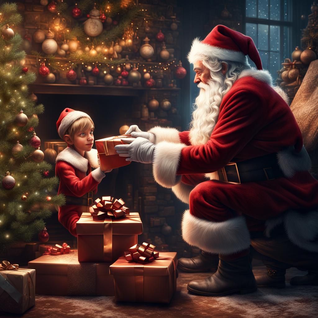 Christmas Elf Giving a Gift to Santa