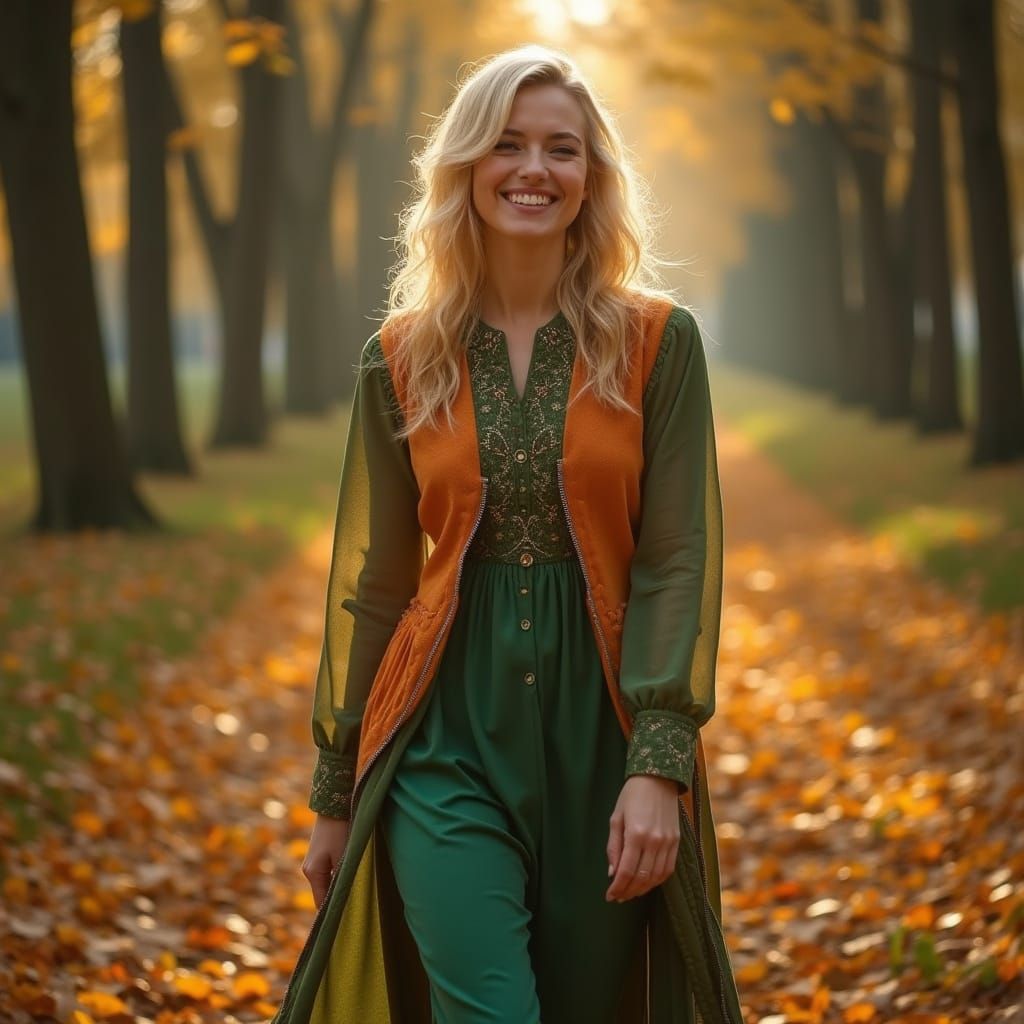 Blonde Woman in Autumn Forest, Art Nouveau Style