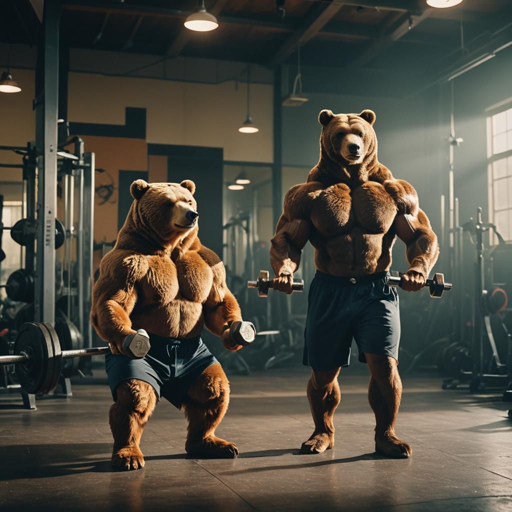 Muscular Bear and Hare Gym Workout: Cinematic Still
