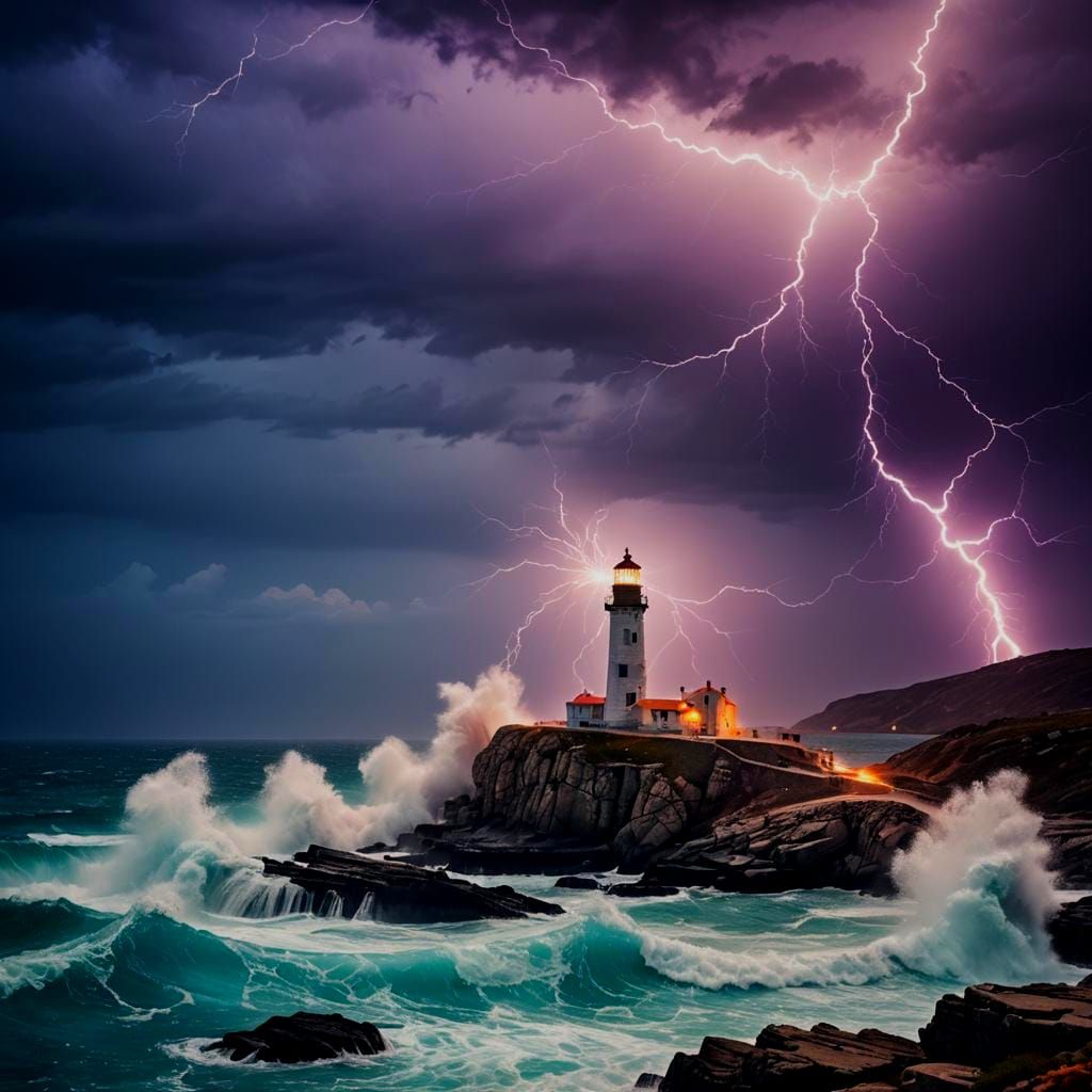 Lighthouse on Rock with Lightning Strike