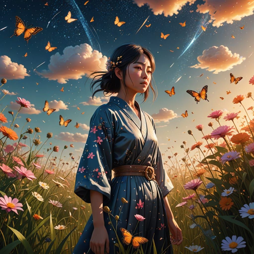 Japanese Girl in Prairie with Stardust: Digital Landscape Ar...