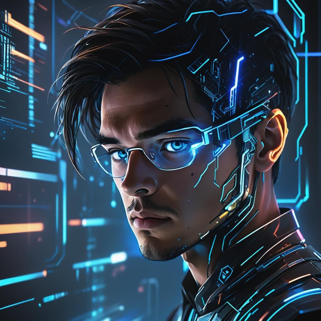 Cyberpunk Programmer Coding the Simulation in Neon Light