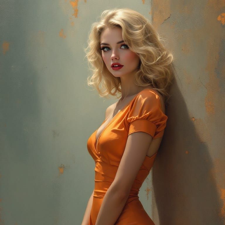 Pin-Up Woman in Tangerine Dress with Atmospheric Glow