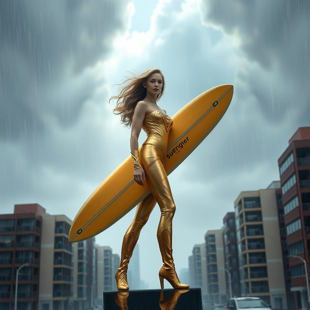 Supergirl in Gold Costume with Surfboard in Falling Sky City...