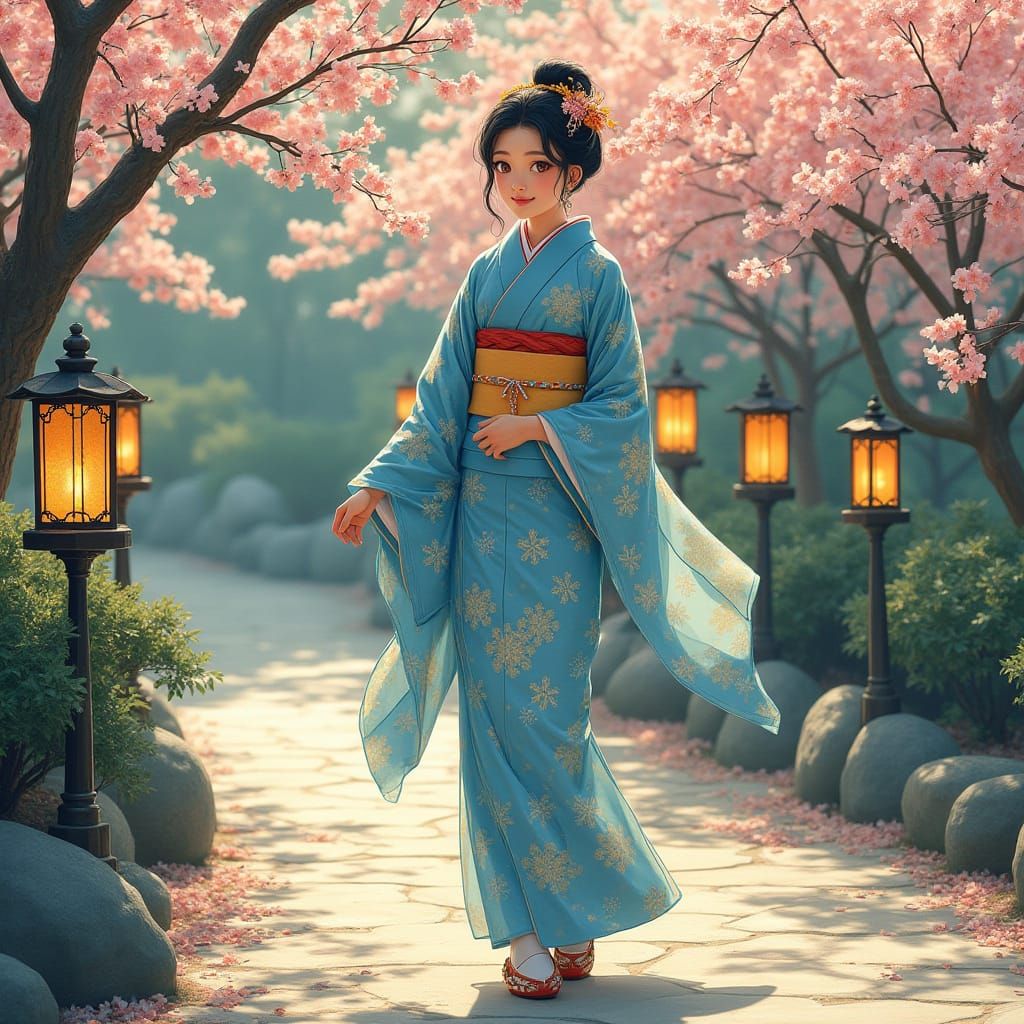 Elegant Japanese Woman in Kimono in Garden, Ukiyo-e Style