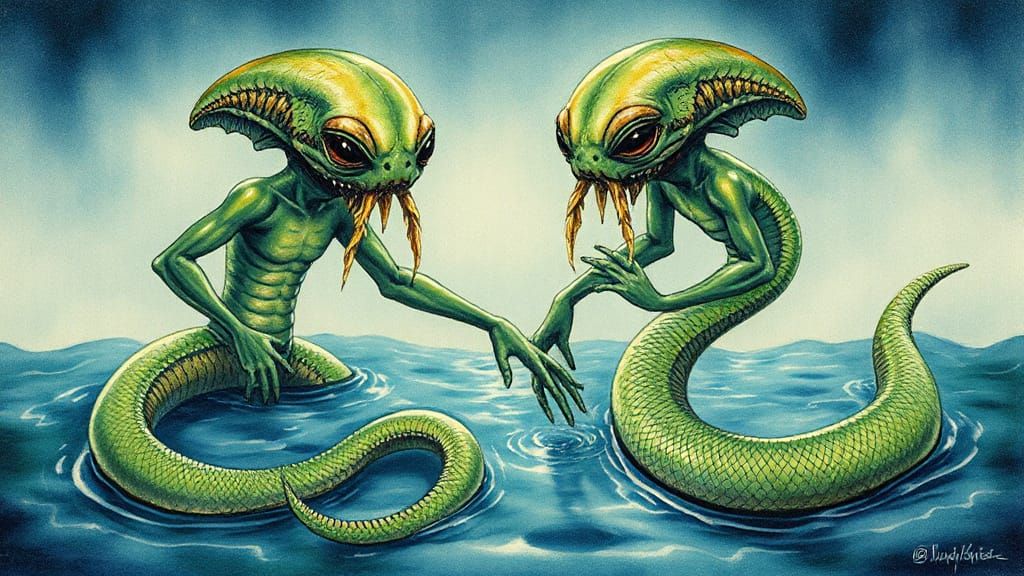 Nommo Aliens: Water Beings in Cosmic Watercolor Style