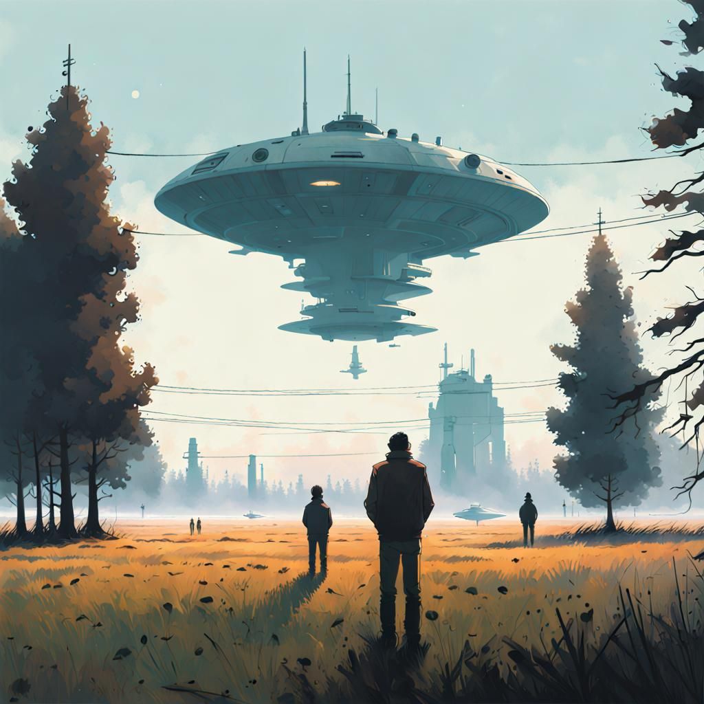 Silhouettes Observing Spaceships in a Stalenhag Landscape