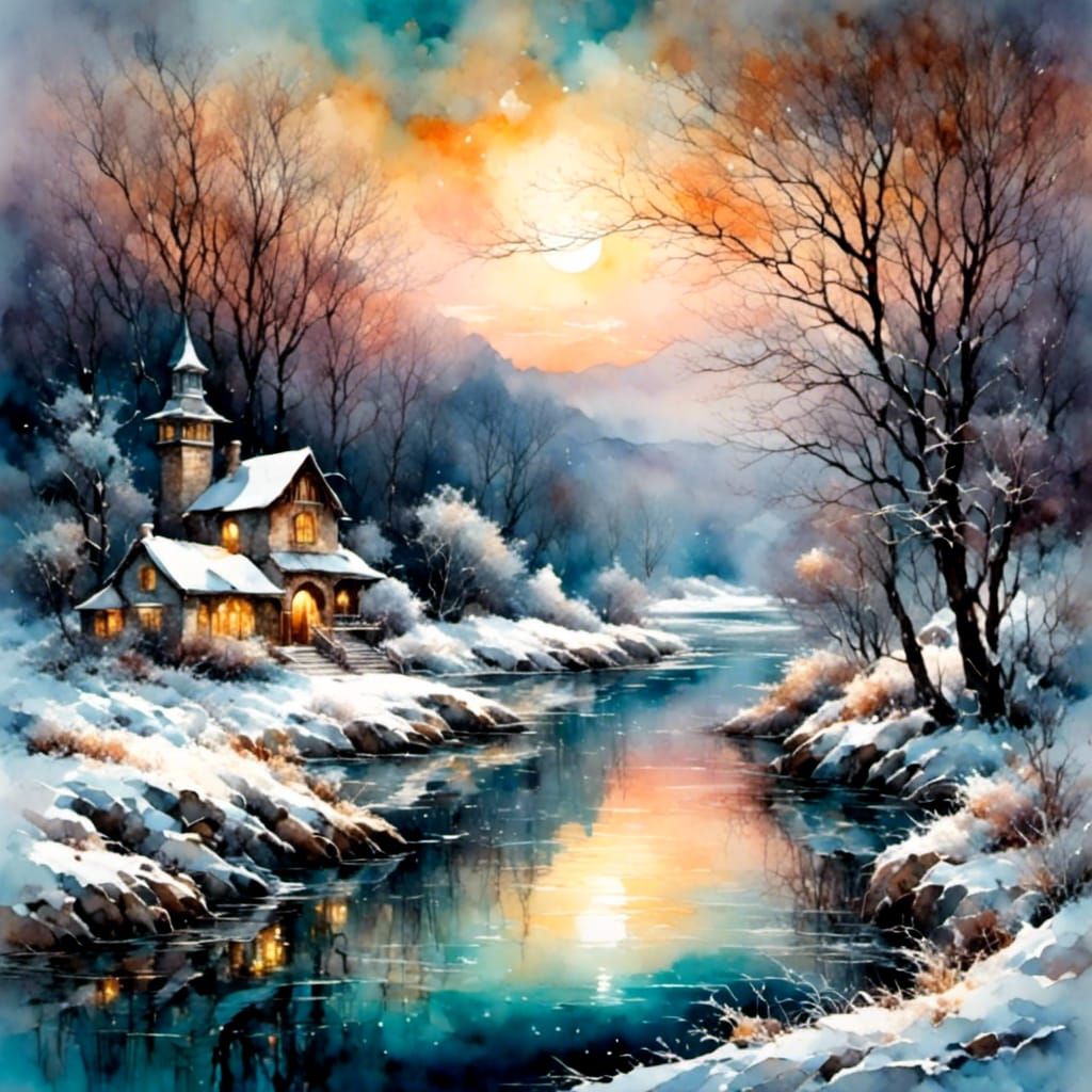 Moonlit Winter Riverscape in Watercolor Style