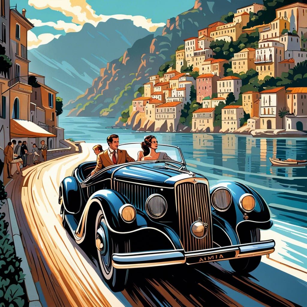 Gatsby Couple Cruise Amalfi Coast: Comic Book Art