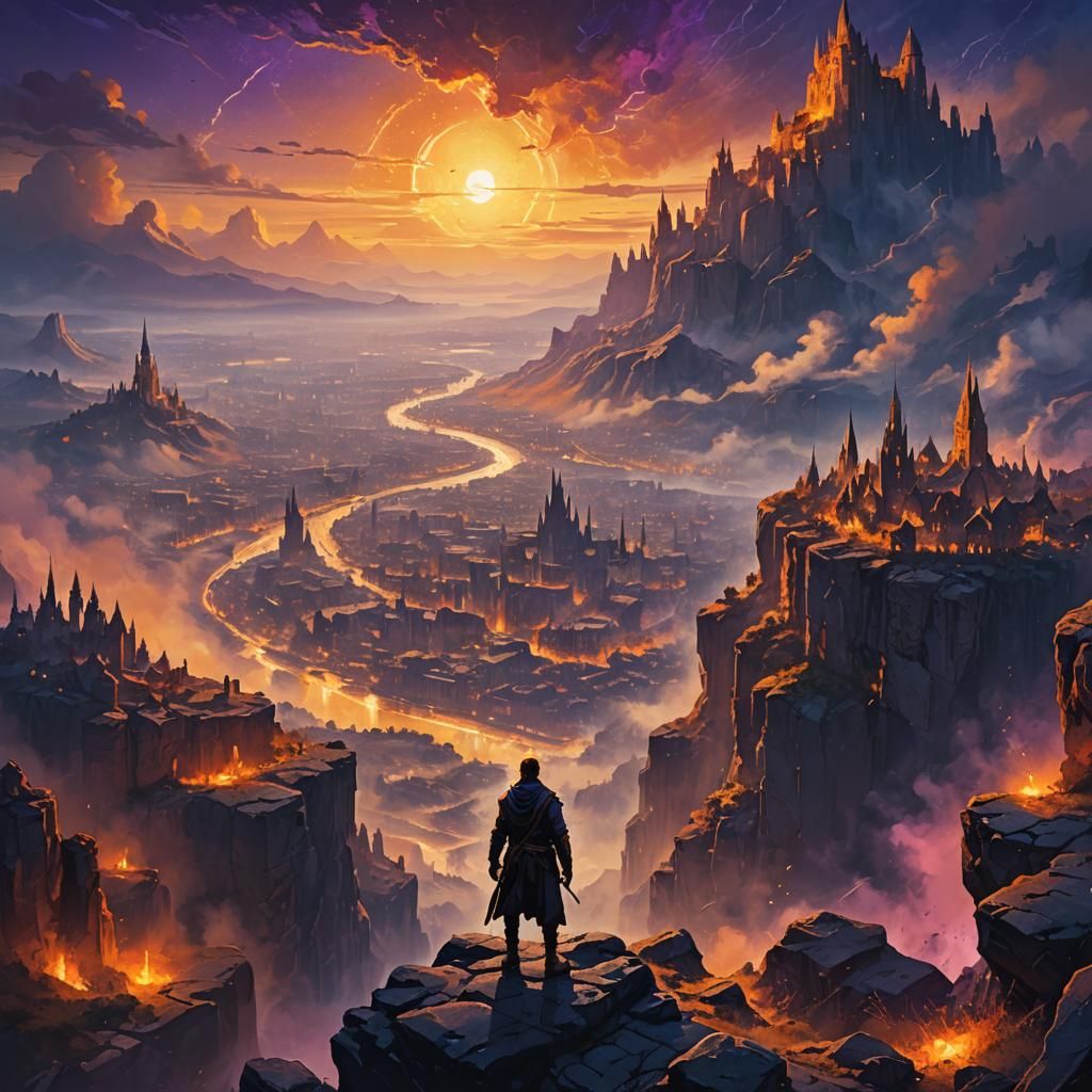 Mystical Cityscape Sunset with Glowing Runes