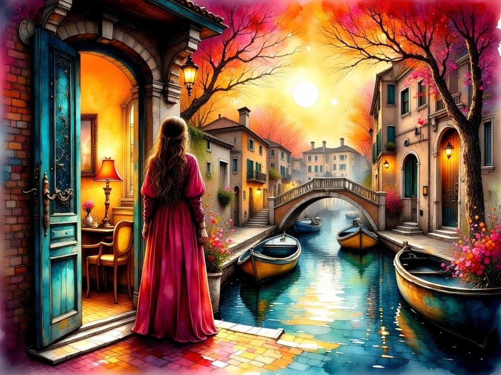 Young Woman in Dreamlike Venice Street Scene