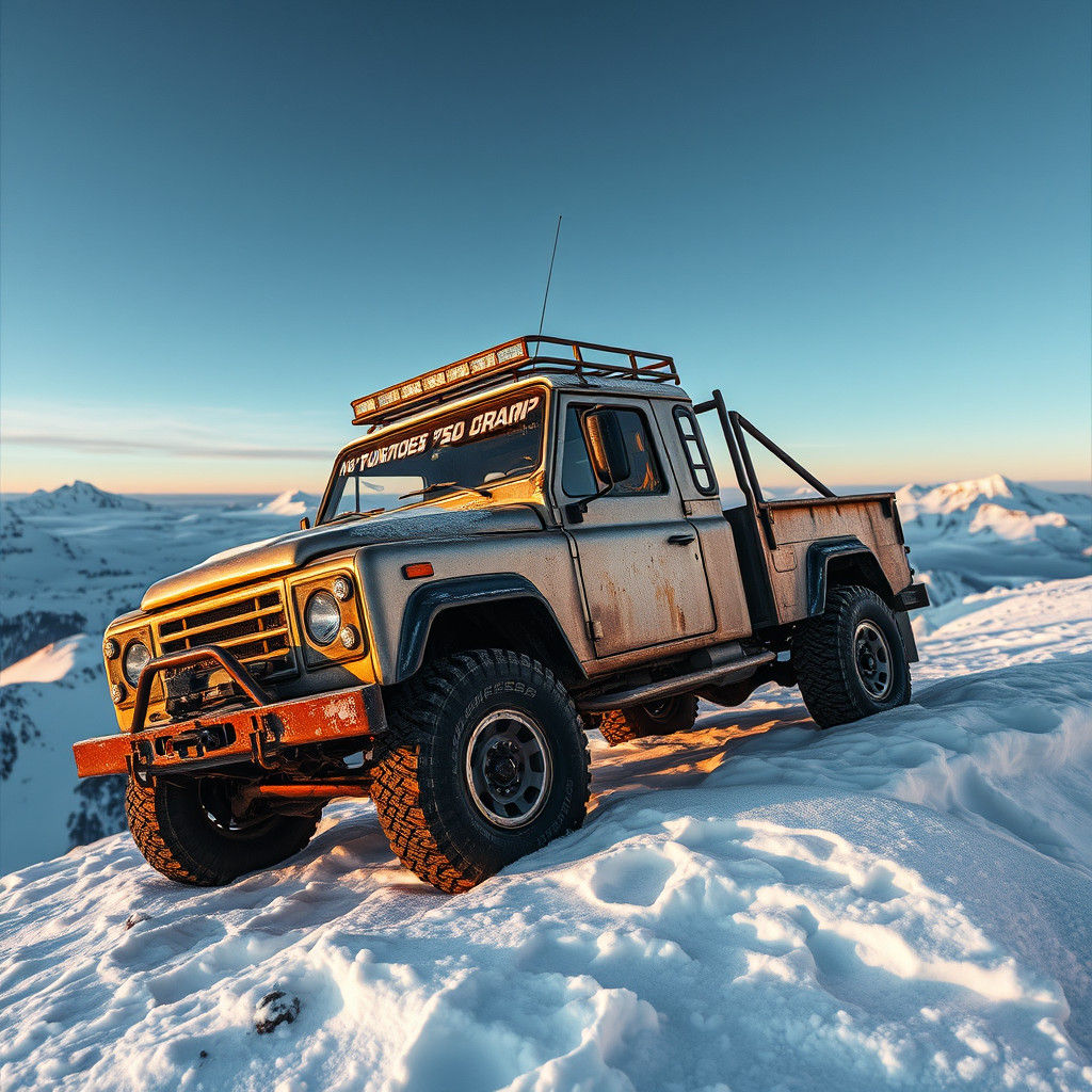 Snowy Truck on Mountain Summit at Golden Hour