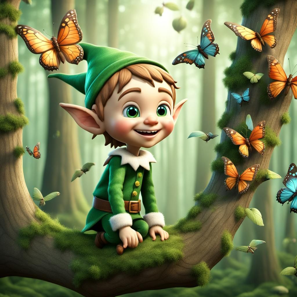 Cheerful Tree Elf in Forest, Photorealistic 3D
