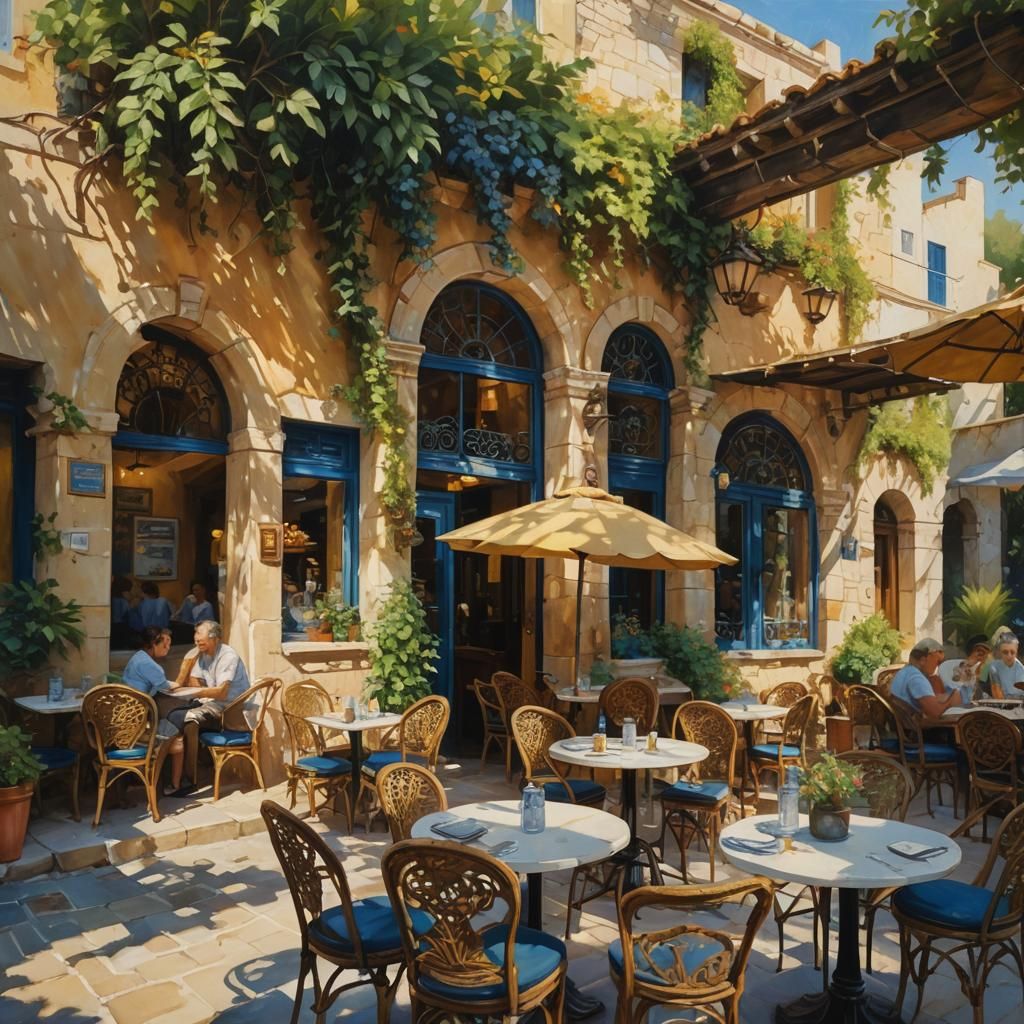 Greek Cafe Restaurant in Impressionist Oil Painting Style