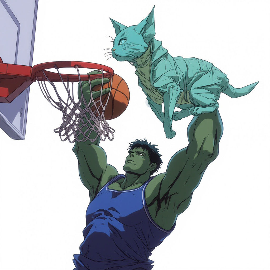 Hulk's Triumphant Dunk with Origami Cat, 3D Render