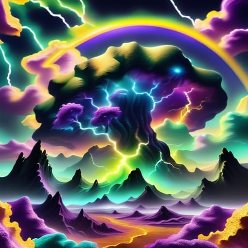 Surreal Tree Split by Lightning With Puppy and T-Rex