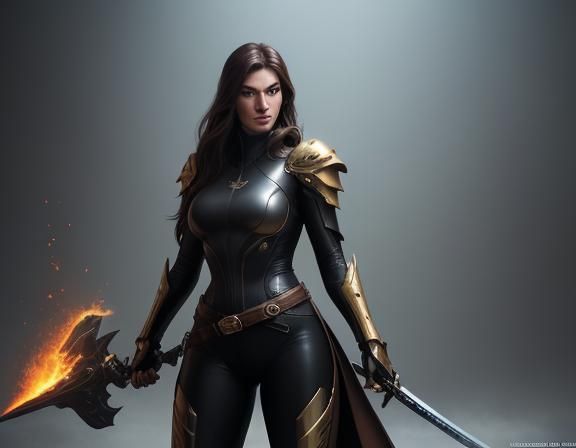 Young girl, tall, slender, athletic, looks like Joy Carano's Ginna, self-assured, proud, brown long thick hair, black ca...