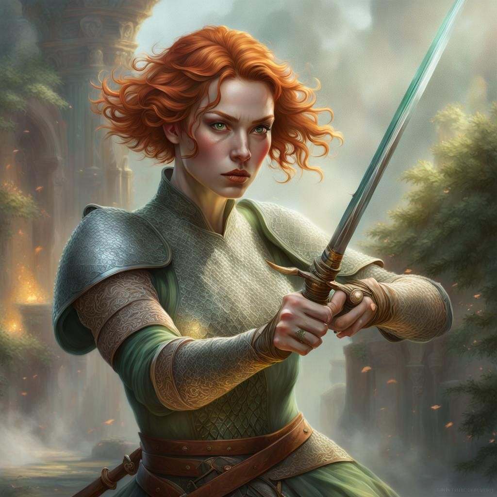 Ethereal Fantasy Portrait of Ginger Woman in Chainmail