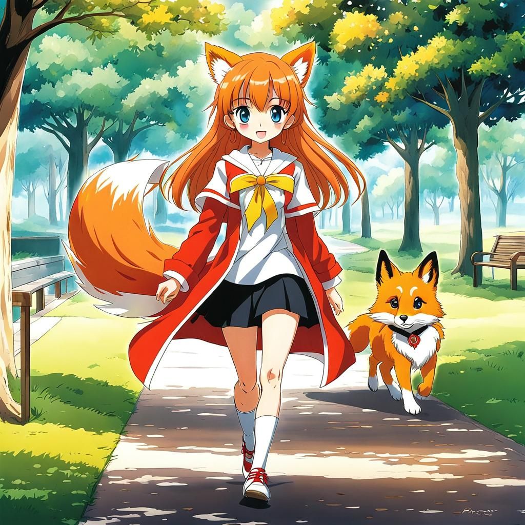 Anime Style: Adorable Fox Woman in Park