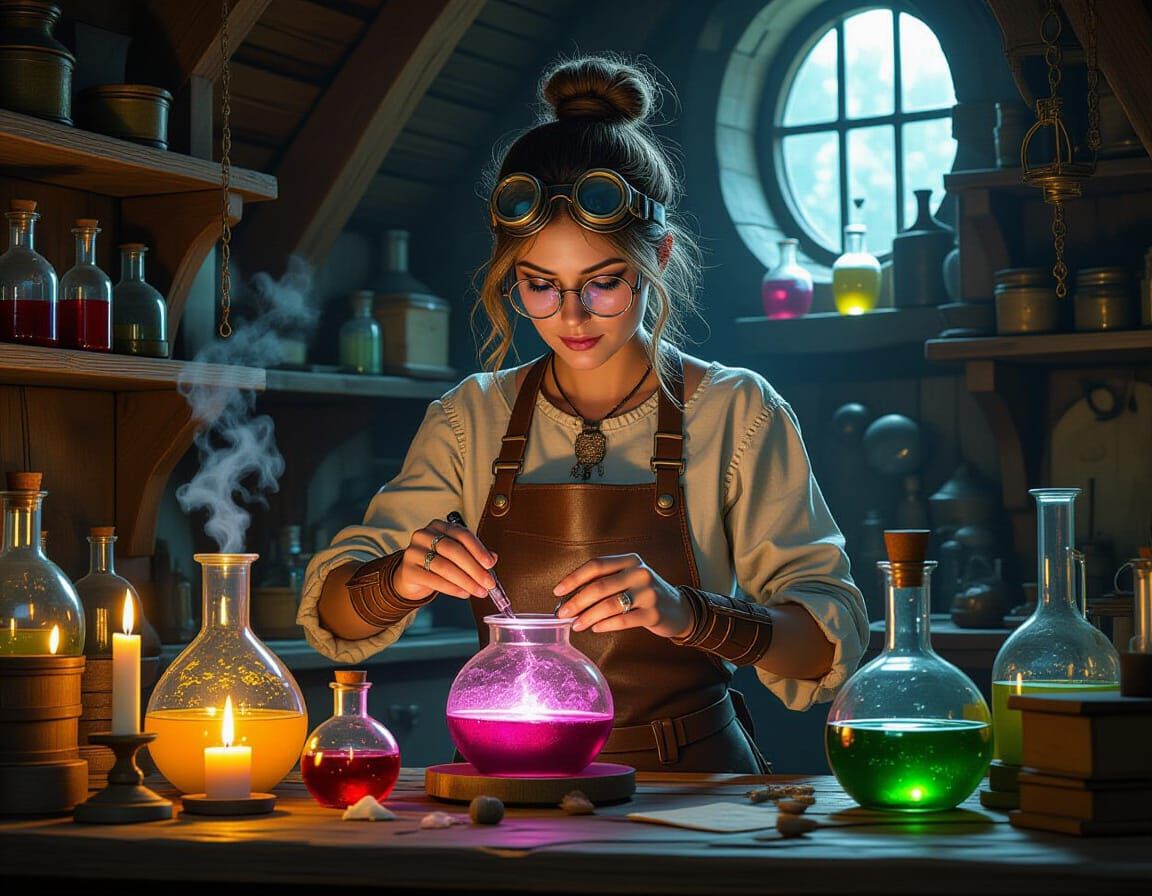 Gnome Artificer Concocting Potions in Rustic Lab