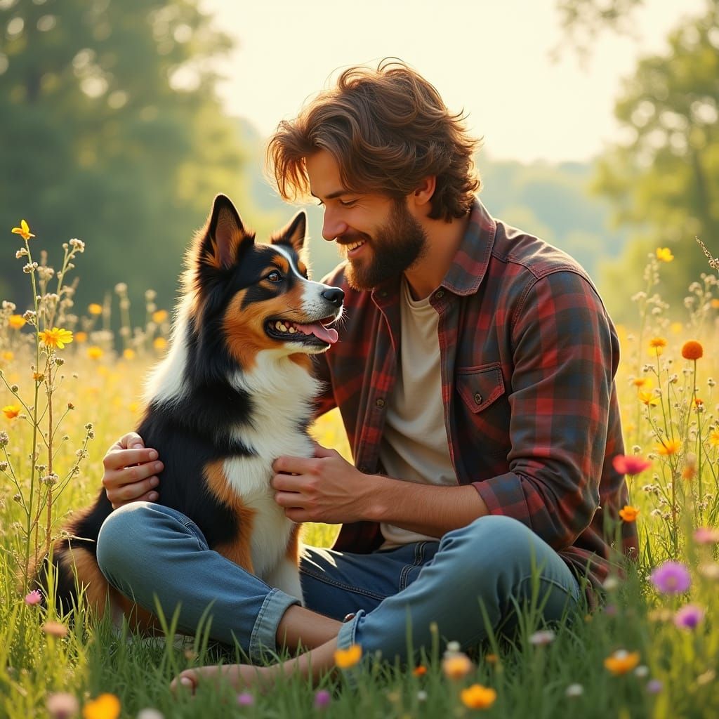 Gentle Man Connects with His Loyal Dog in a Vibrant Meadow S...