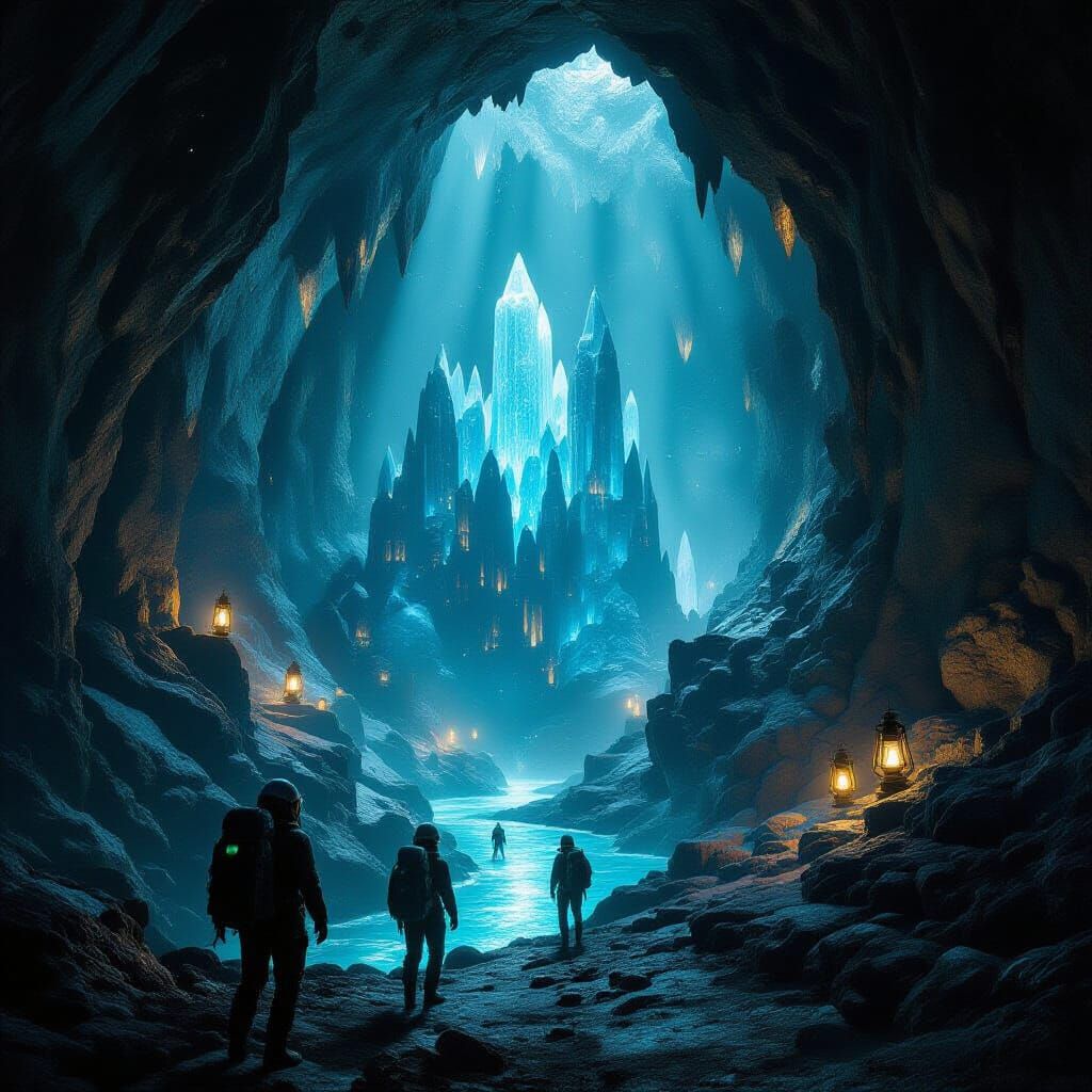 Explorers Descend into Bioluminescent Crystal Cavern