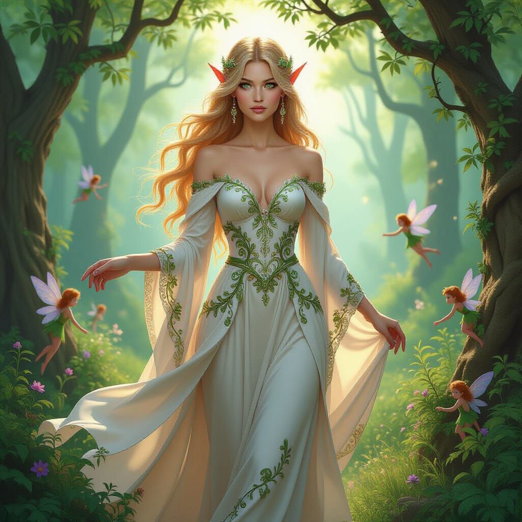 Ethereal Elf in Forest with Fairies: Illustrative Art