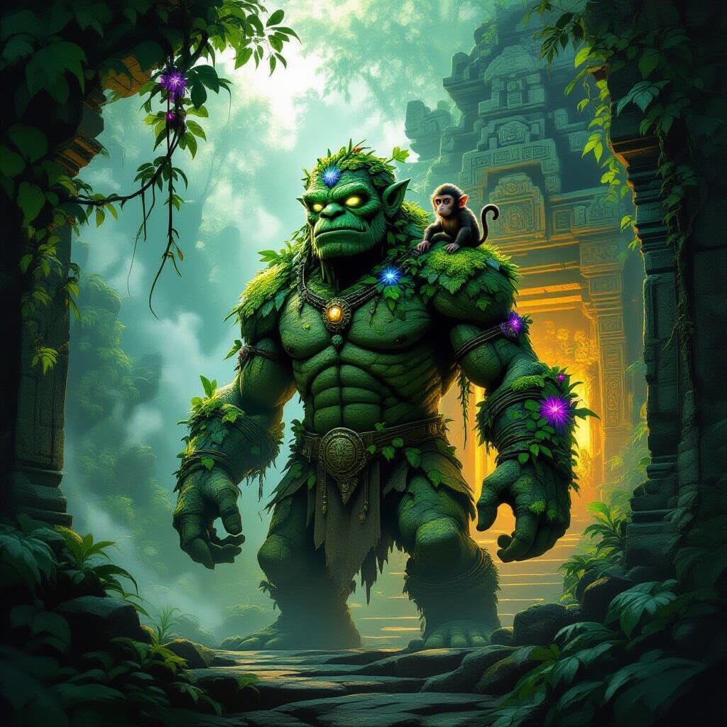 Ancient Stone Golem Guards Jungle Temple Entrance