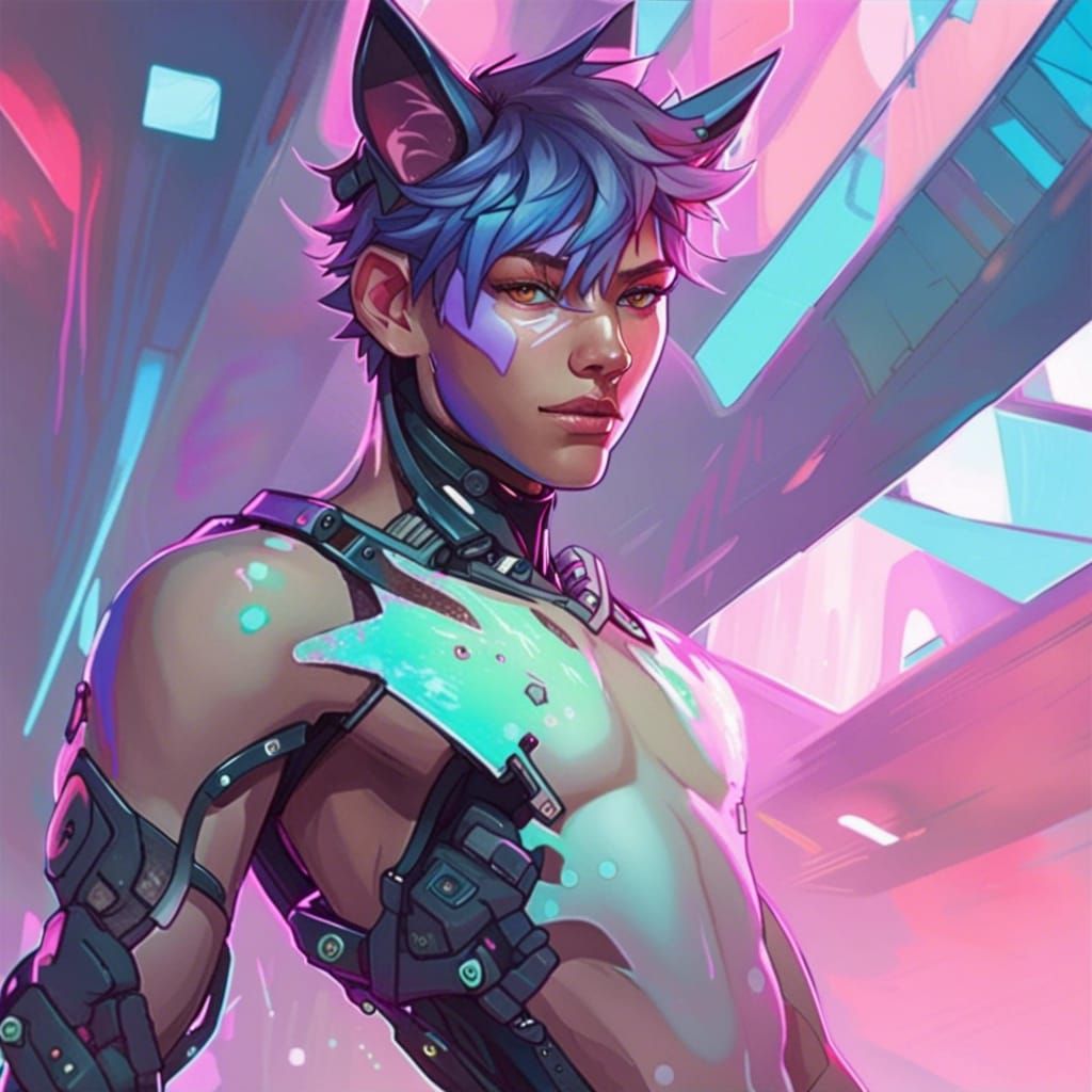 Cybergoth Catboy Portrait in Pastel Neon Colors