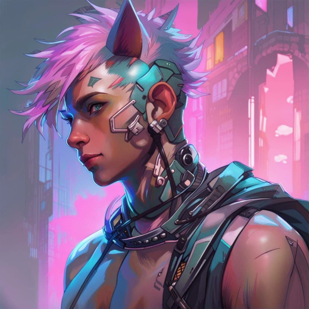 Cybergoth Catboy Portrait with Neon Cybernetics