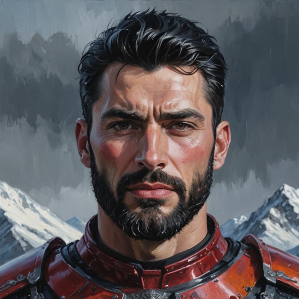 Hero in Armor: Mixed Media Portrait with Snowy Mountains