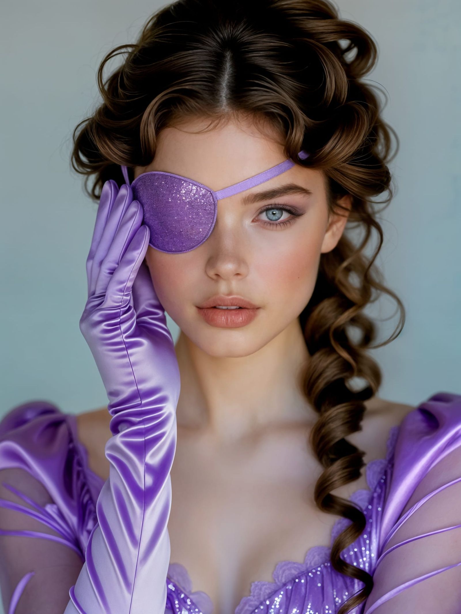 Gorgeous Woman in Lilac Glitter Outfit with Eyepatch