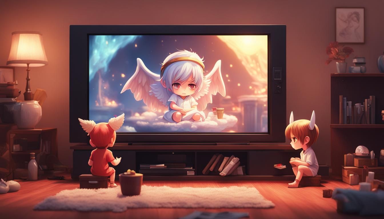 Chibi Angel and Demon Watching TV in Anime Style
