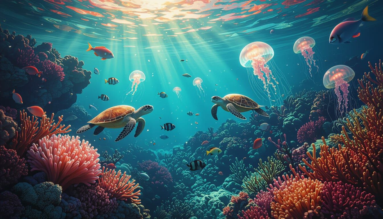 Luminous Coral Reef Scene in Hyperrealistic Style