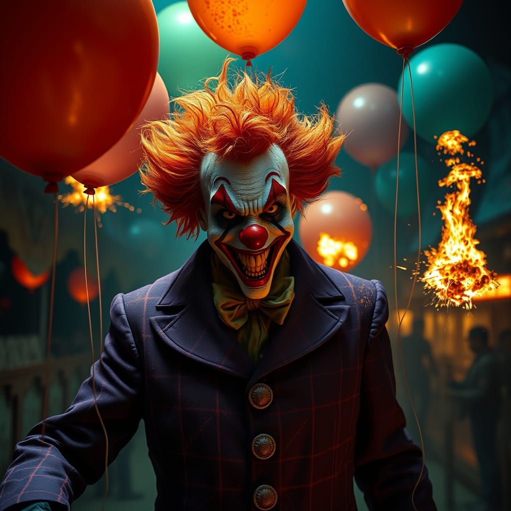 Sinister Clown with Exploding Balloons in Dark Carnival Sett...