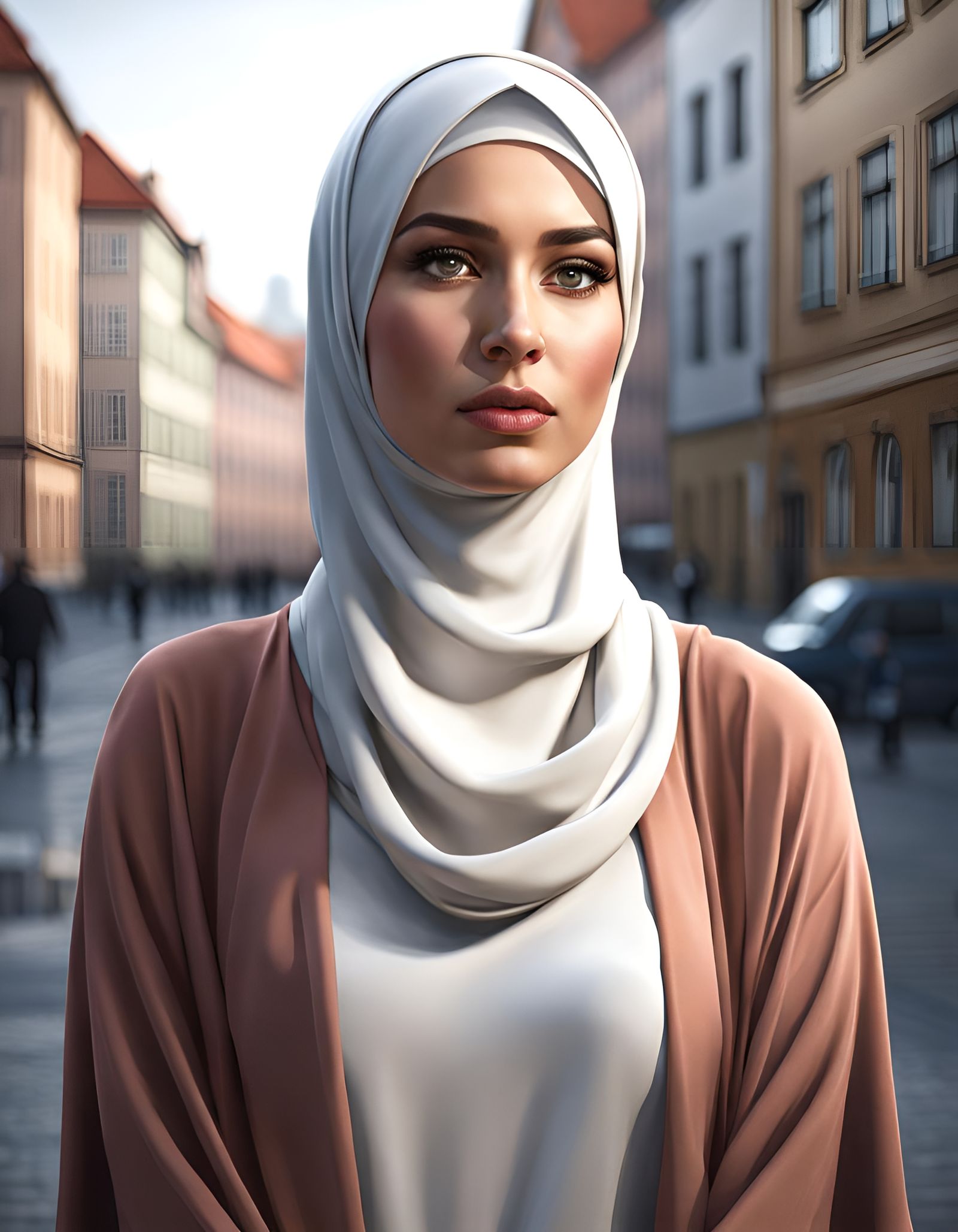 German Girl with Hijab in City: Digital Art