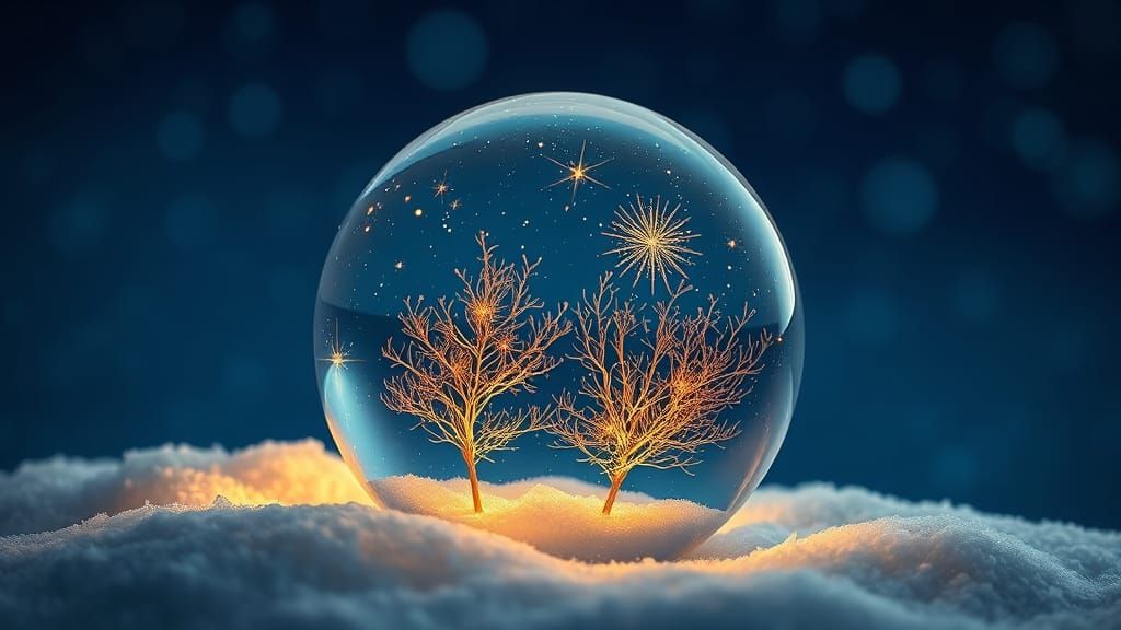 Golden Trees in a Glass Orb, Under a Starry Night Sky