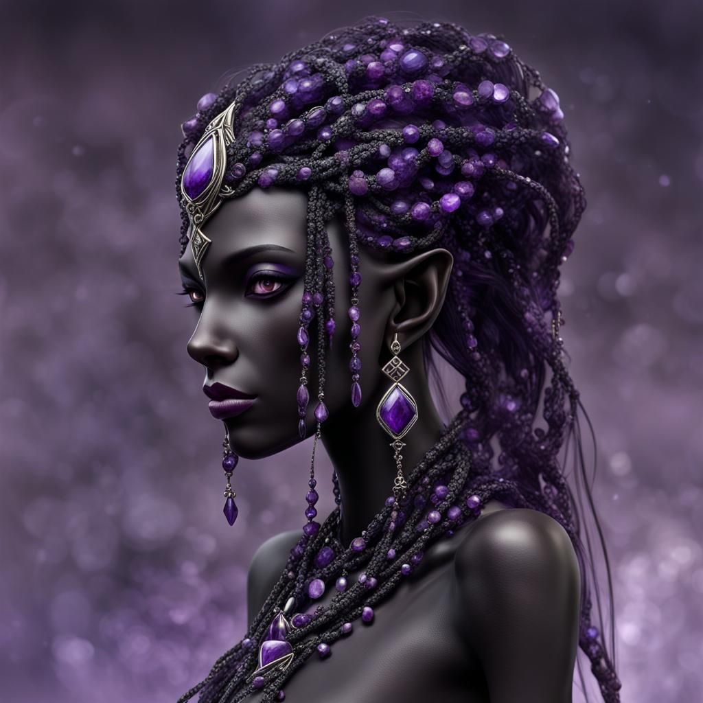 Abyssal Elf with Gemstones and Braids: Fantasy Portrait