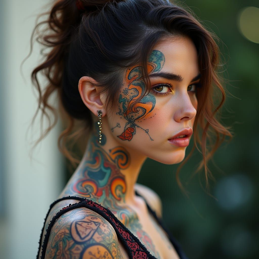 Woman with Vibrant Tattoos in Futuristic Style