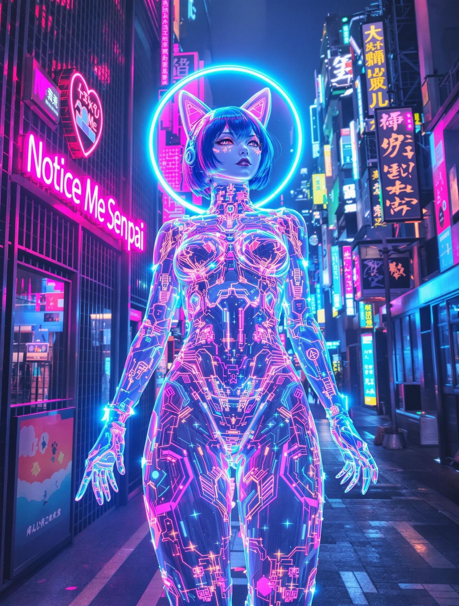 Vibrant Neko Waifu in Futuristic Cityscape