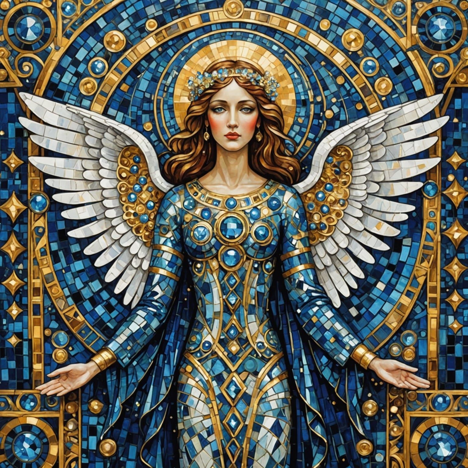 Ophanim Angel with Art Deco Elements in Mixed Media