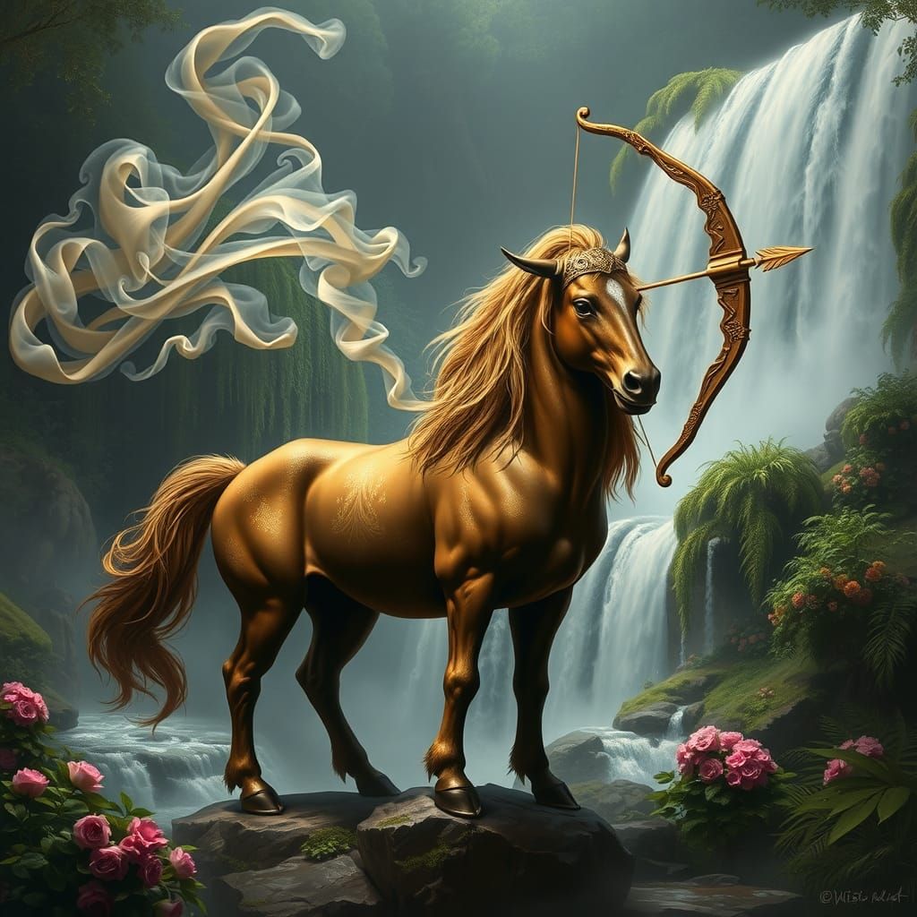 Majestic Centaur in Ethereal Waterfall Garden