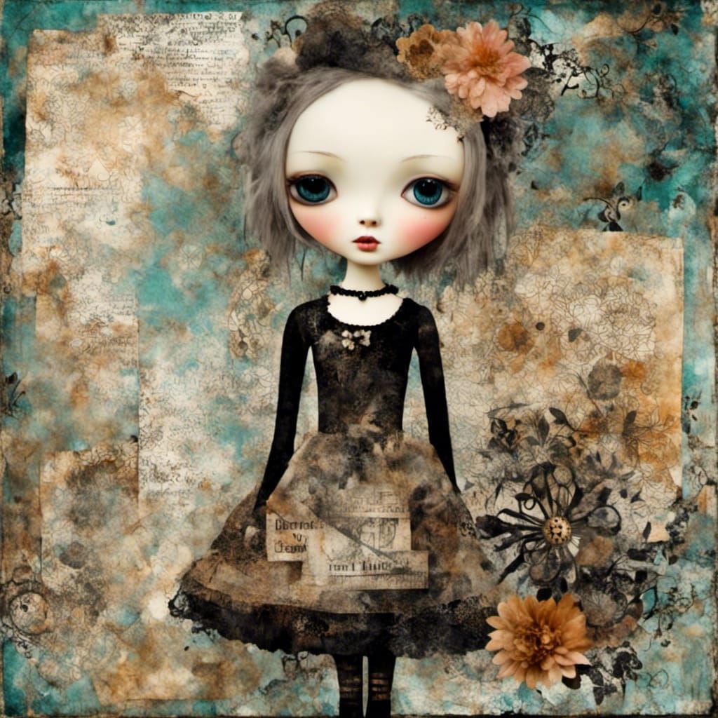 Chibi Goth Doll in Collage Art Style