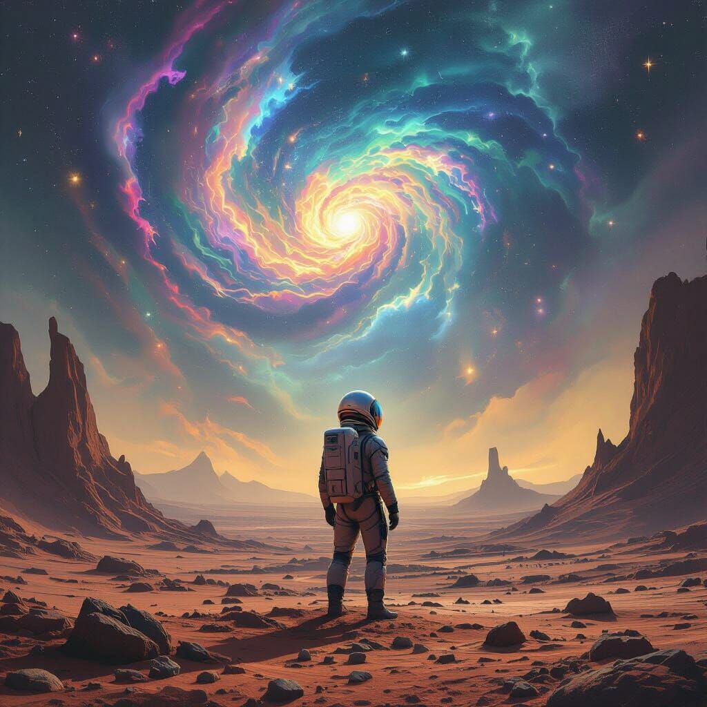 Astronaut Gazing at Nebula on Alien Planet in Cosmic Horror