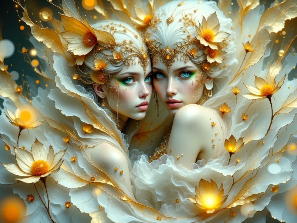 Mythical Calico Cat with Girl in Whimsical Spring Scene