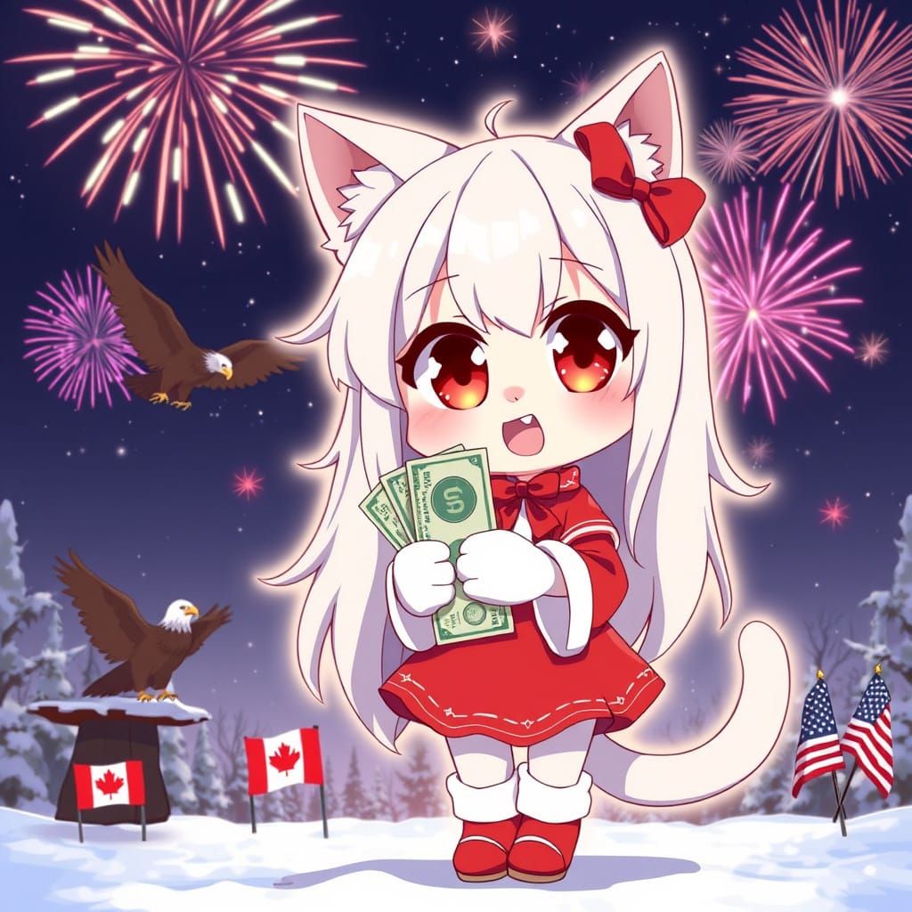 Synthwave Cartoon Catgirl in Snowy Winter Wonderland