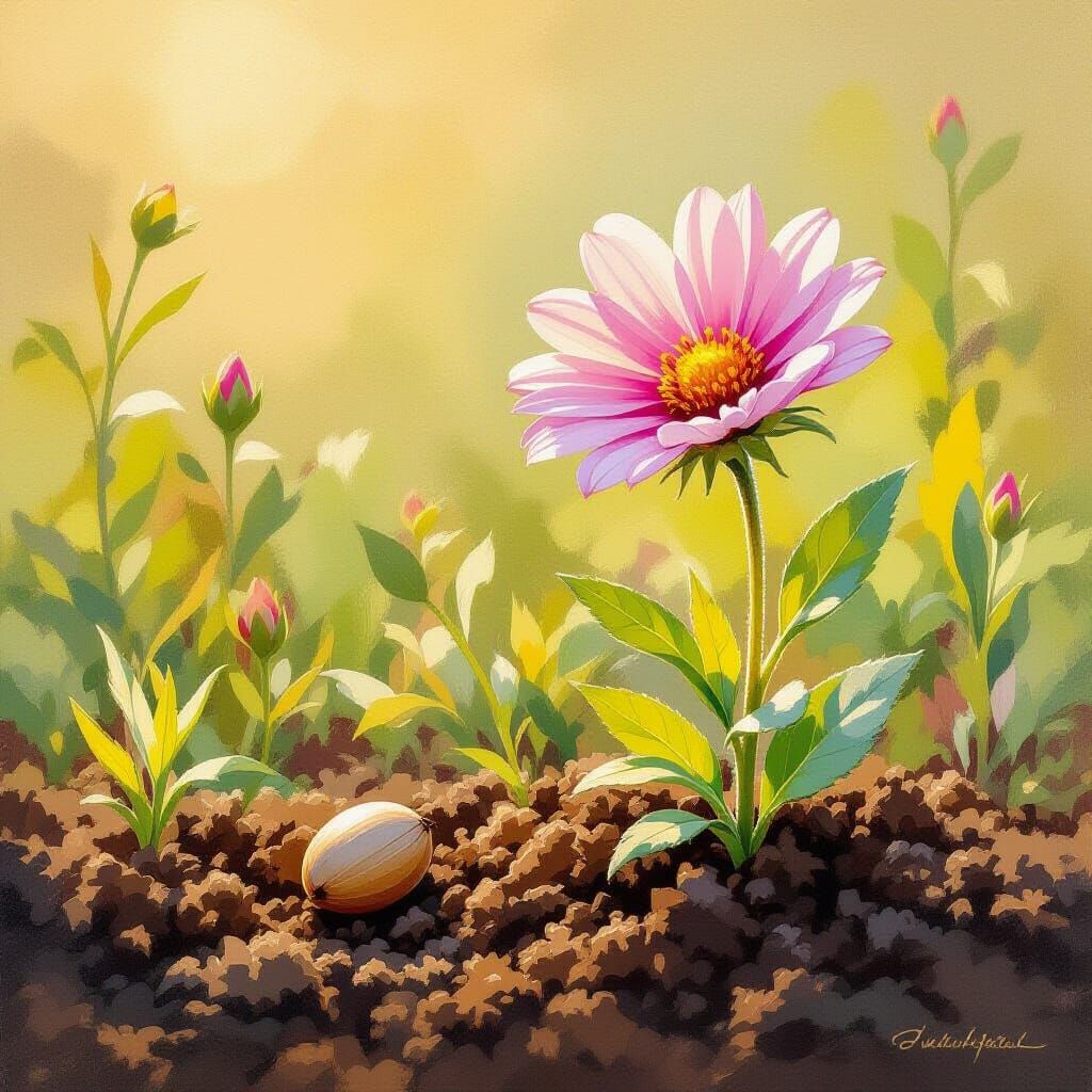 Seed and Wildflower in Golden Sunlight, Whimsical Style