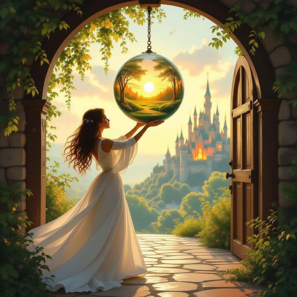 Woman Holds Luminous Globe with Two Worlds