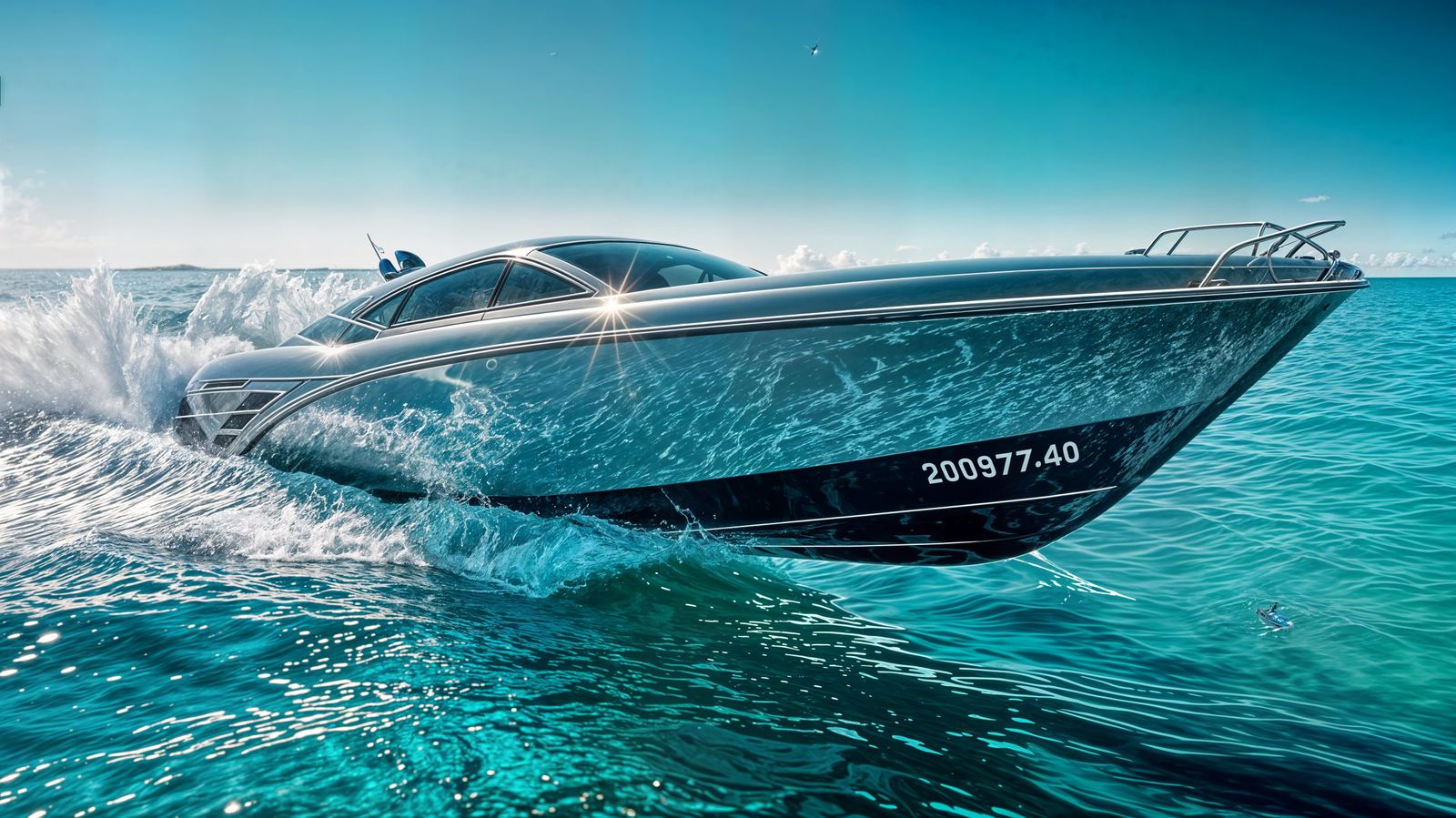 Sleek Chrome Speedboat Cuts Through Crystal Waters in Hyperr...