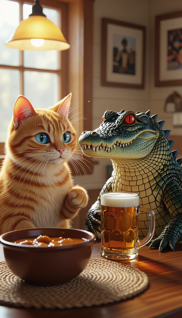 Ginger Cat and Alligator Figurine in Photorealistic Art